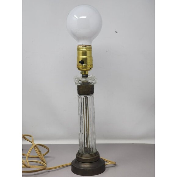 Vintage Working Leviton Glass Brass Table Lamp Ribbed Column Design Base - Picture 3 of 12